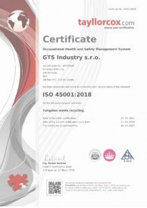 Certifikate GTS Industry ISO 450012018